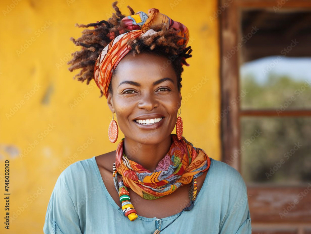 Fototapeta premium 3d rendering of a beautiful African woman with gold and yellow toned clothing.