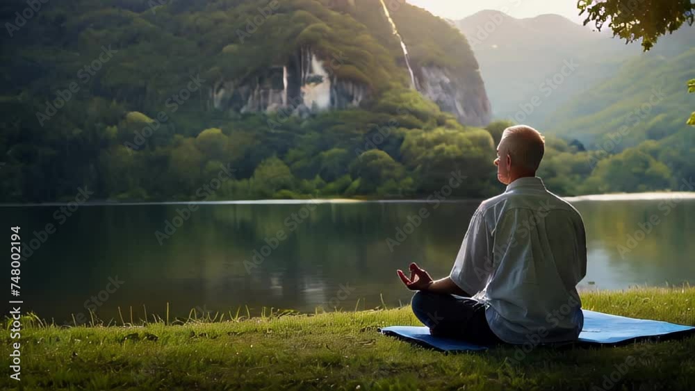 man sitting by tranquil lake, surrounded by nature, mountains, and sky, embodies serenity and relaxation amidst summer beauty man sitting by tranquil lake, surrounded by nature, mountains, and sky, embodies serenity and relaxation amidst summer beauty
