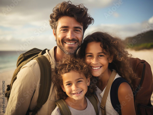 Portrait, father and child at beach for summer holiday, family vacation and travel together. Happy dad carrying young girl kid at ocean for love, care and support in sunshine
