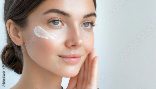 Skin care Cream smear. Beuaty close up portrait of young woman with a healthy glowing skin is applying a skincare product.