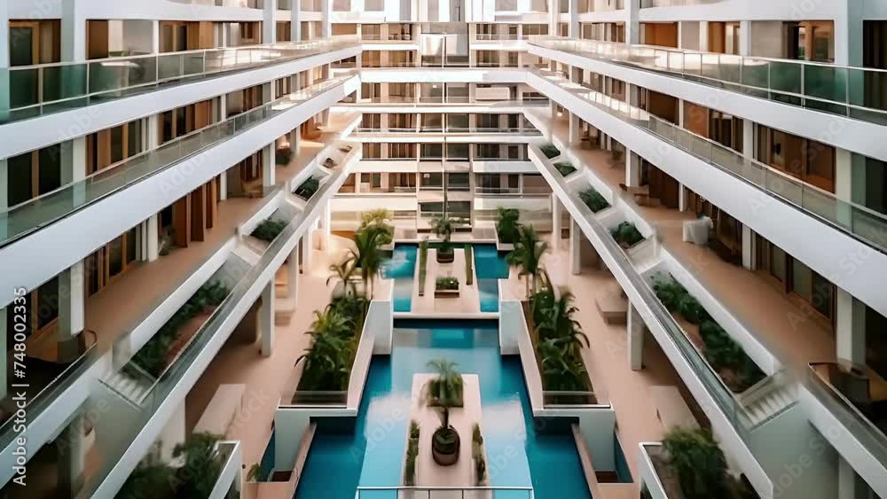 The courtyard of a modern residential complex with landscape design including water features and green spaces. The balconies are built on several floors, creating spatial harmony. Concept: modern urba The courtyard of a modern residential complex with landscape design including water features and green spaces. The balconies are built on several floors, creating spatial harmony. Concept: modern urba