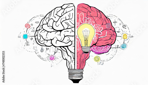 Left right human brain concept, textured illustration. Creative left and right part of human brain, emotial and logic parts concept with social and business doodle illustration of left side, and art photo
