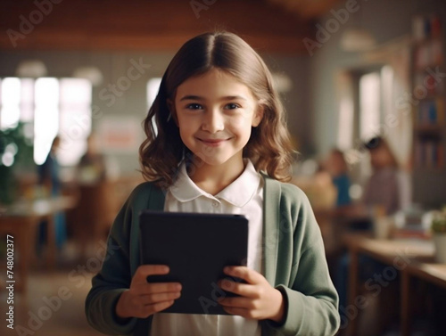 Portrait of cute smiling little girl at home using modern tablet gadget, happy small child kid have fun relax playing application game on pad, study on device online