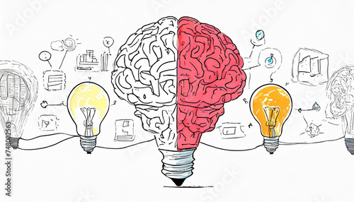 Left right human brain concept, textured illustration. Creative left and right part of human brain, emotial and logic parts concept with social and business doodle illustration of left side, and art photo