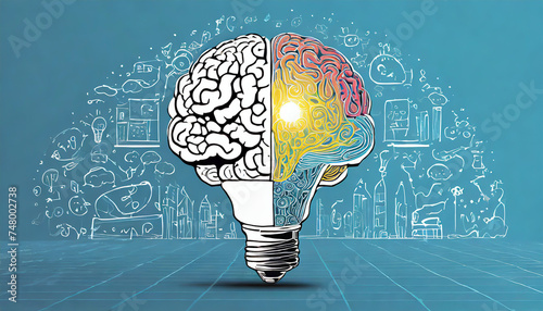 Left right human brain concept, textured illustration. Creative left and right part of human brain, emotial and logic parts concept with social and business doodle illustration of left side, and art