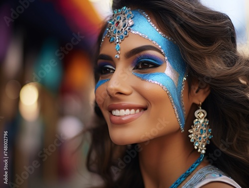 a woman with blue and silver face paint