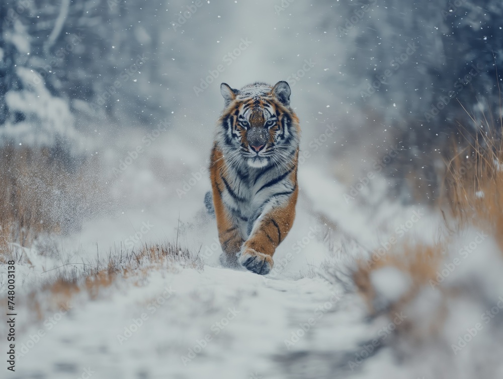A big tiger runs on a winter road