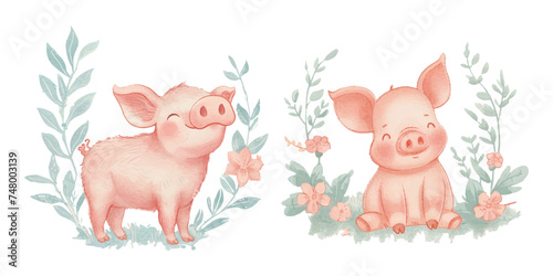 cute pig soft watercolour vector illustration