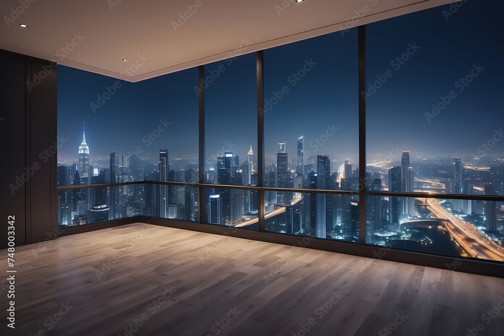 Empty room in a skyscraper with a view of the night city. Expensive property with a beautiful view. Empty room in a skyscraper with a view of the night city. Expensive property with a beautiful view.