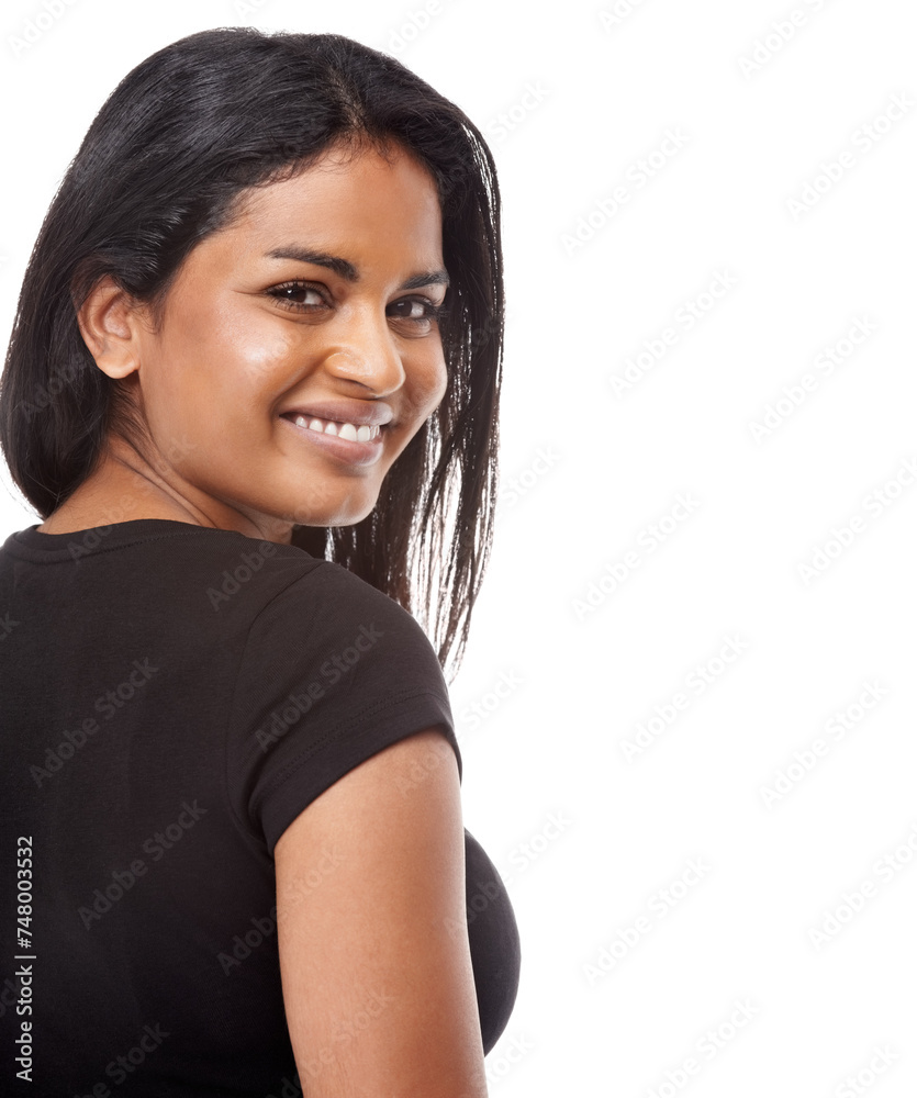 Indian, woman and happy portrait of beauty in studio, white background or mock up with fashion. Cool, style and person with confidence and pride from skincare or cosmetics for healthy flow on face Indian, woman and happy portrait of beauty in studio, white background or mock up with fashion. Cool, style and person with confidence and pride from skincare or cosmetics for healthy flow on face