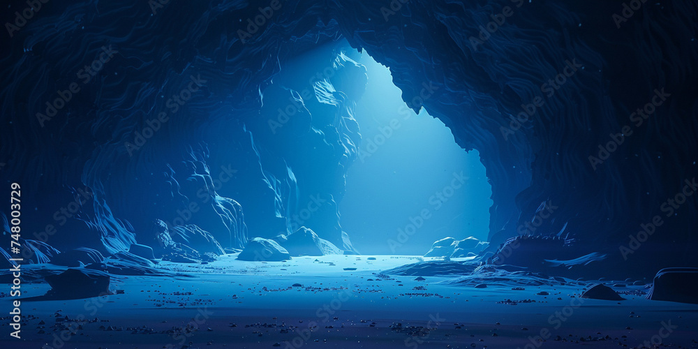 Exciting adventure idea based on a mysterious blue crystal grotto .There is a cave with a light coming out of it .
