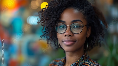 a woman wearing glasses and smiling