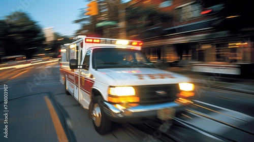 Emergency ambulance speeding with motion blur, providing urgent medical services in action.