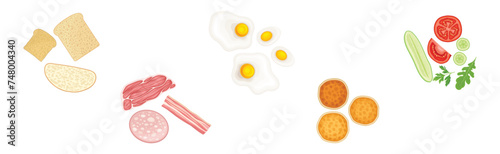 Breakfast Ingredients with Meat, Bread, Egg, Pancake and Vegetables Vector Set
