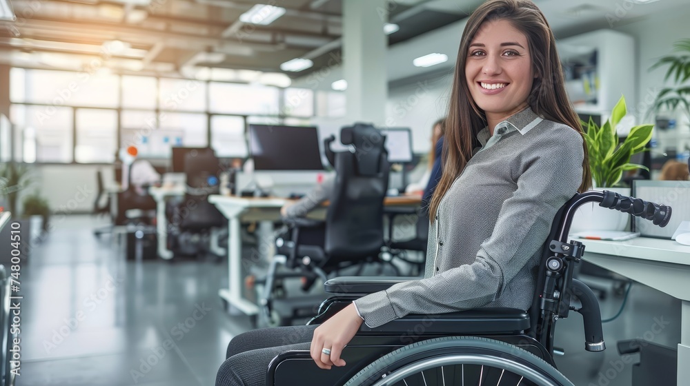 A cheerful businesswoman in a wheelchair working happily in a modern office environment A cheerful businesswoman in a wheelchair working happily in a modern office environment