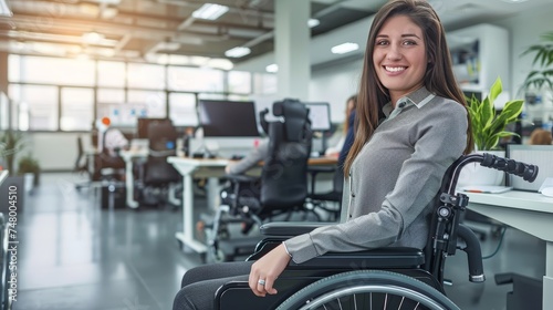 A cheerful businesswoman in a wheelchair working happily in a modern office environment