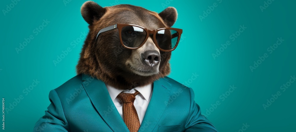 Anthropomorphic bear in business suit working in office, studio shot on plain wall with copy space
