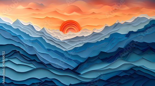 paper-cut  mountain range  with intricate detailing as the background  during a serene sunrise