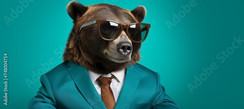 Anthropomorphic bear in business suit working in office, studio shot on plain wall with copy space © Eva