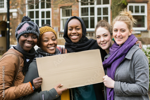 Groupe diversifié de femmes souriantes et heureuses tenant une pancarte vide pour la pour la Journée internationale de la femme