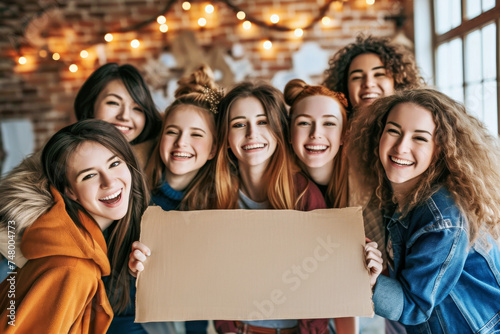 Groupe diversifié de femmes souriantes et heureuses tenant une pancarte vide pour la pour la Journée internationale de la femme photo