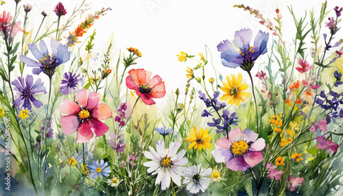 Beautiful watercolor wildflowers and leaves on white background. Floral border  summer flowers