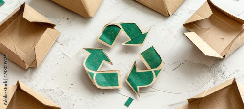 Assorted recyclable paper and cardboard materials with recycling symbol on neutral background photo