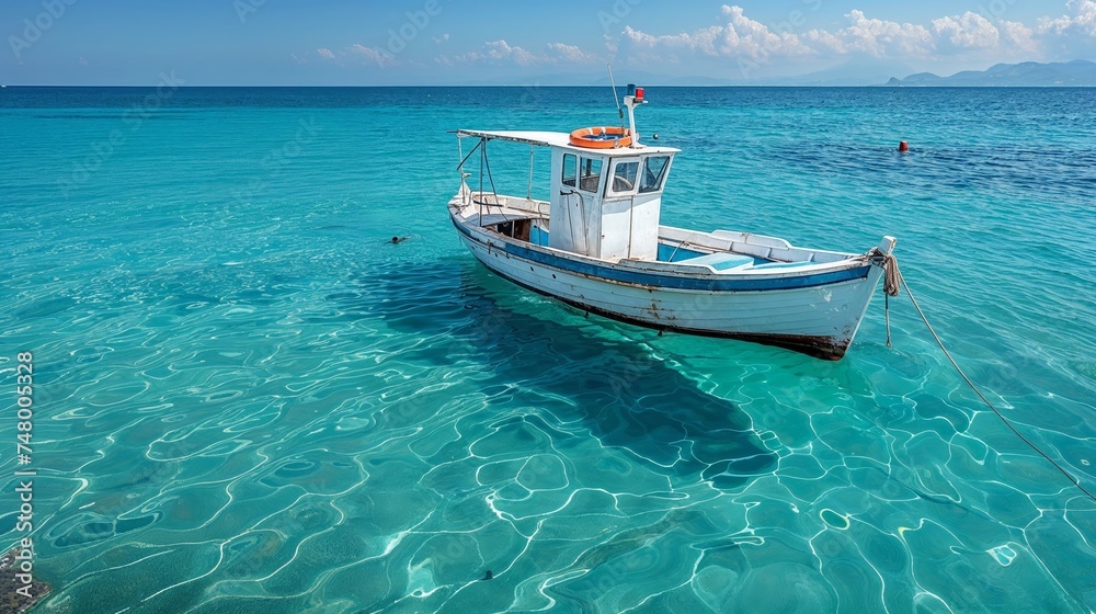 Naklejka premium Greek island. Wooden fishing boat moored in Aegean sea, blue sky background. 