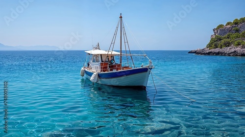 Greek island. Wooden fishing boat moored in Aegean sea, blue sky background. 