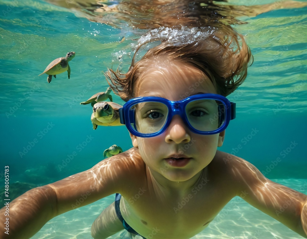 Cute boy in swimming glasses swims underwater with flowing hair next to turtles