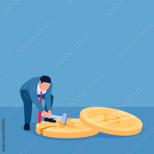 Man hits a crypto coin with a sledgehammer until it cracks and shatters, illustration for a crypto collapse.
