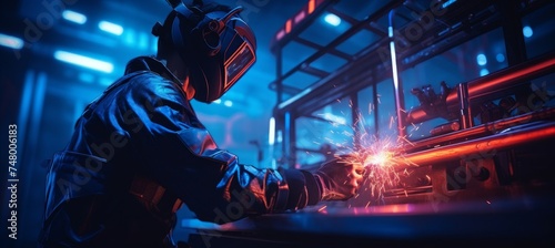 Close up of professional welding on medium sized pipe with blue light background, space for text. photo