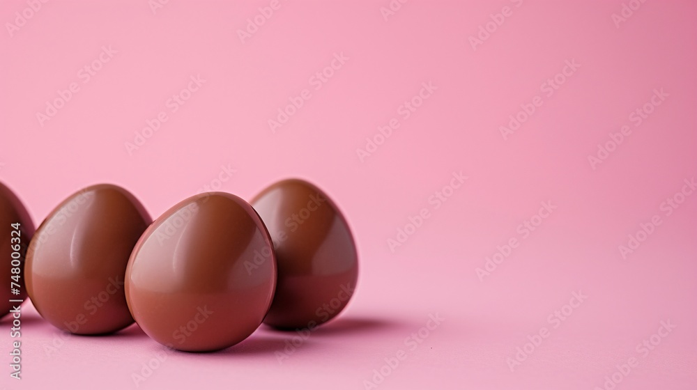 two chocolate eggs on a pink background
