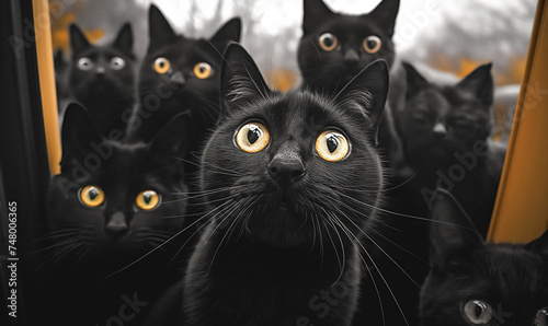 Bunch of startled black cats looking up in disbelief