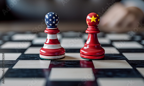 Chess table with pawns covered in Chinese and American flags, trade wars and cooperation concepts