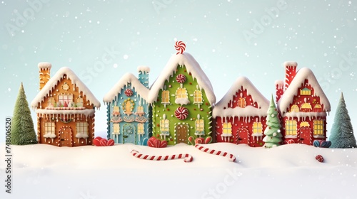 a group of gingerbread houses covered in snow