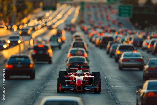 Formula one car stuck in the rush hour jam