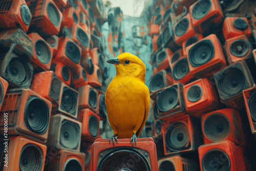Yellow canary bird sitting between  loud speakers photo