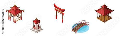 Asian Architecture with Gazebo, Bridge and Torii Gate Isometric Vector Set