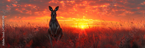 silhouette of a kangaroo  in the sunset, Silhouette of Kangaroo on Sunset Sky  © faisal