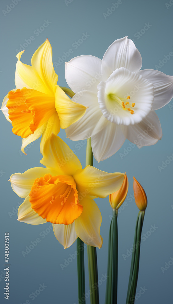 A delicate arrangement of yellow and white narcissus flowers with a serene blue backdrop, signaling the start of spring.
