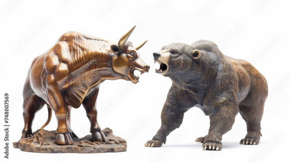 Fototapeta premium Bull and Bear Statues Facing Off, Bronze statues of a bull and a bear in aggressive stances facing each other, symbolizing financial market trends on a white background.
