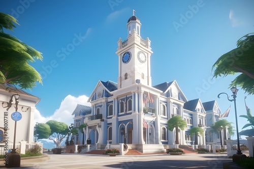 A colonial-era courthouse with a clock tower, set against a backdrop of a clear blue sky.

 photo