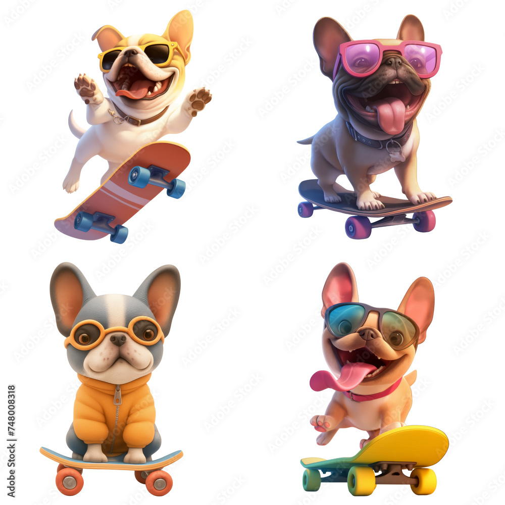 Fototapeta premium A set of French bulldogs in sunglasses and on skateboards