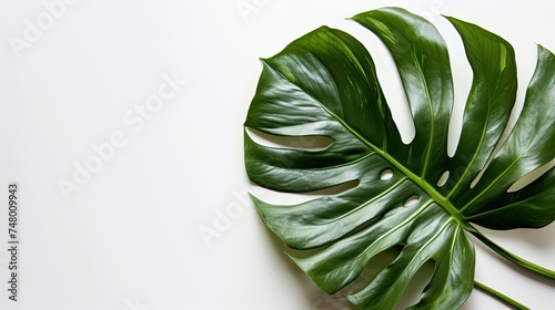 Tropical palm or monstera leaf. Flat lay, top view, copy space