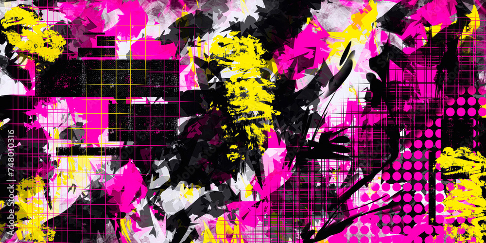 Obraz premium Abstrakcja czarno żółto różowo biała rozprysk farby elementy geometryczne