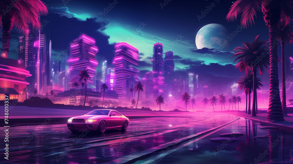 A city street at night with a car driving through, capturing the urban nightlife, retro futuristic, cyberpunk sunset background