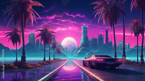 A city street at night with a car driving through, capturing the urban nightlife, retro futuristic, cyberpunk sunset background