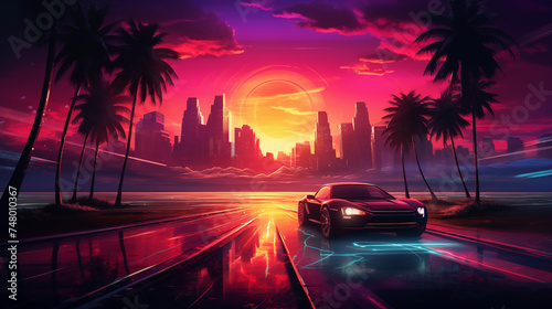 A city street at night with a car driving through, capturing the urban nightlife, retro futuristic, cyberpunk sunset background © NeoAstra
