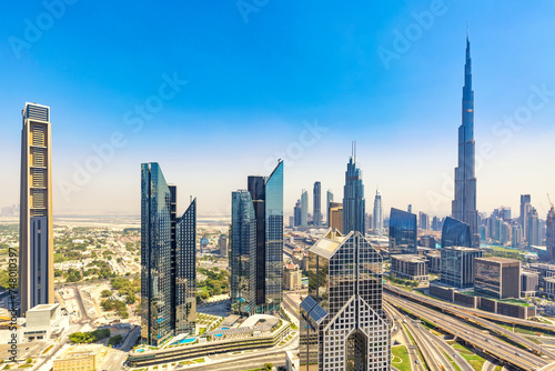 Amazing skyline cityscape with modern skyscrapers. Downtown of Dubai at sunny day, United Arab Emirates.